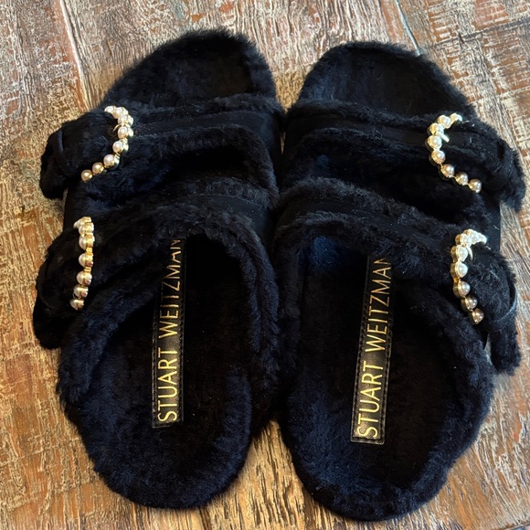 Stuart Weitzman Black Furry Slippers with Pearl Accents - Picture 1 of 8